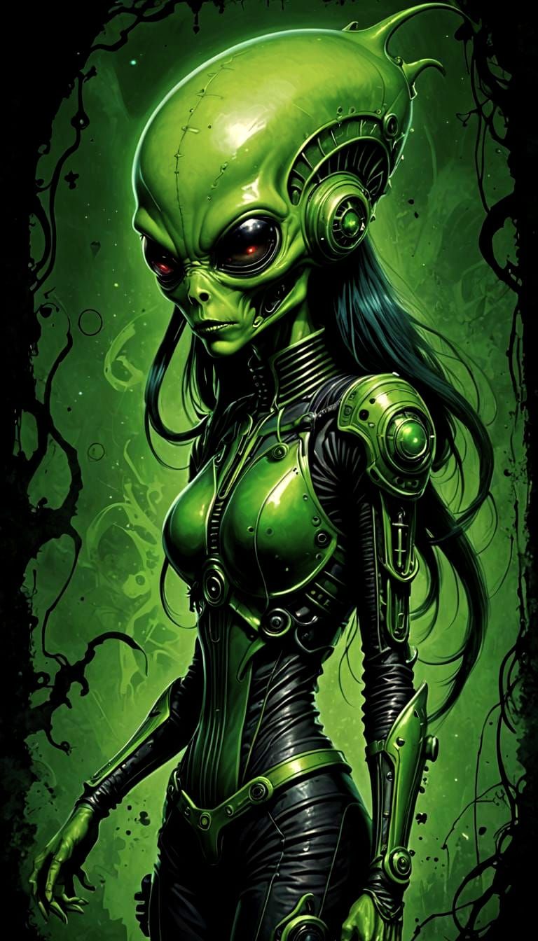 Raygun Gothic Alien Green Girl Illustration