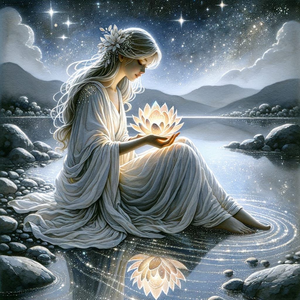 A serene Greek woman, draped in flowing white robes, sits by...