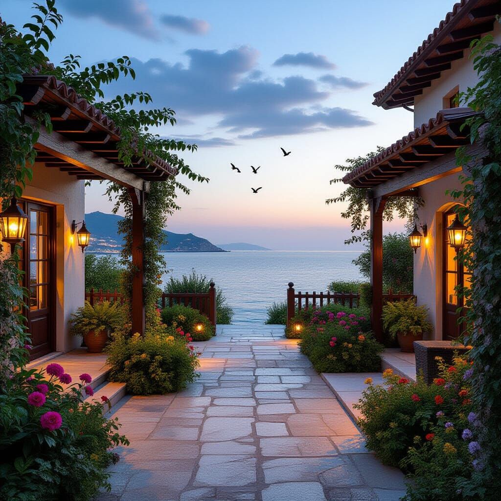 Mediterranean Villa Courtyard at Dusk with Ocean View