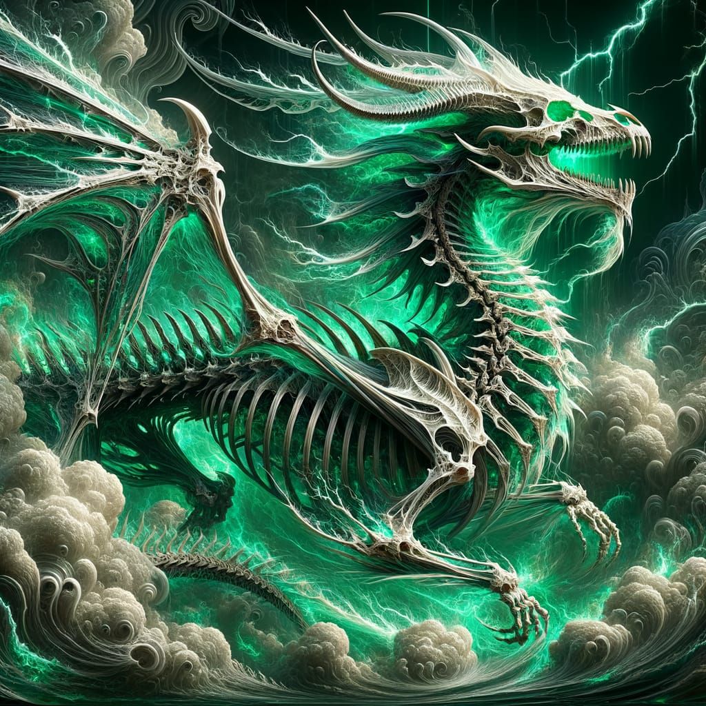 Dragon Skeleton Emerges from Emerald Flames