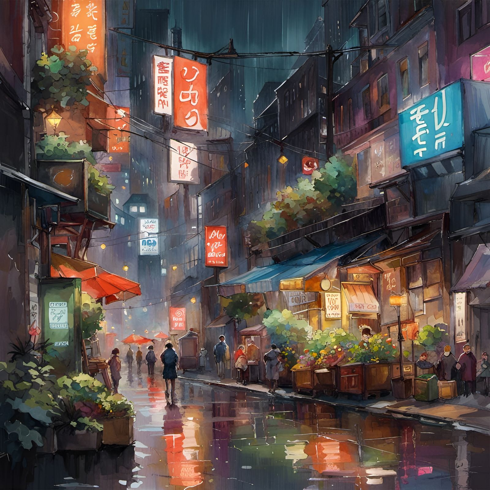 Neon Cityscape: Watercolor Anime Art