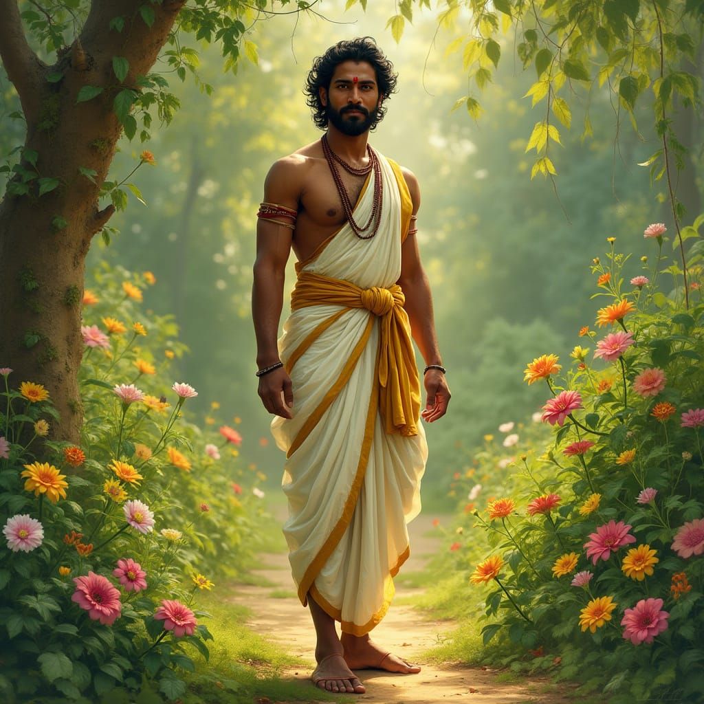 Kerala Man in Lush Garden, Classical Indian Style