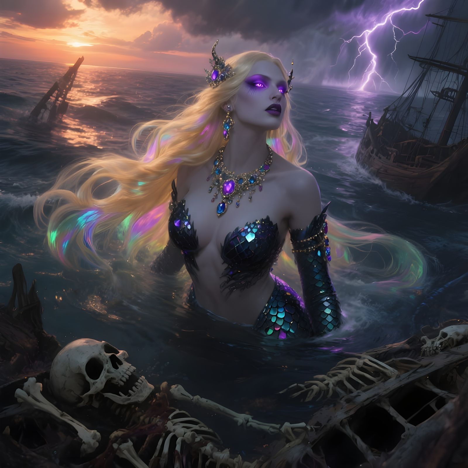 Mermaid Queen Emerges from Stormy Sea at Sunset