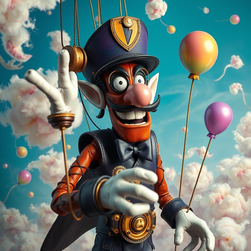 Steampunk Marionette Waluigi in Whimsical Cloudscape