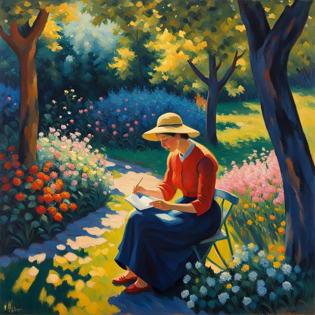Woman Reading Letter in Garden as Impasto Painting