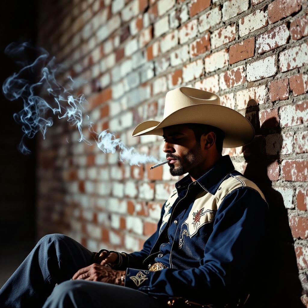 Black Cowboy Against Brick Wall in Dramatic Light