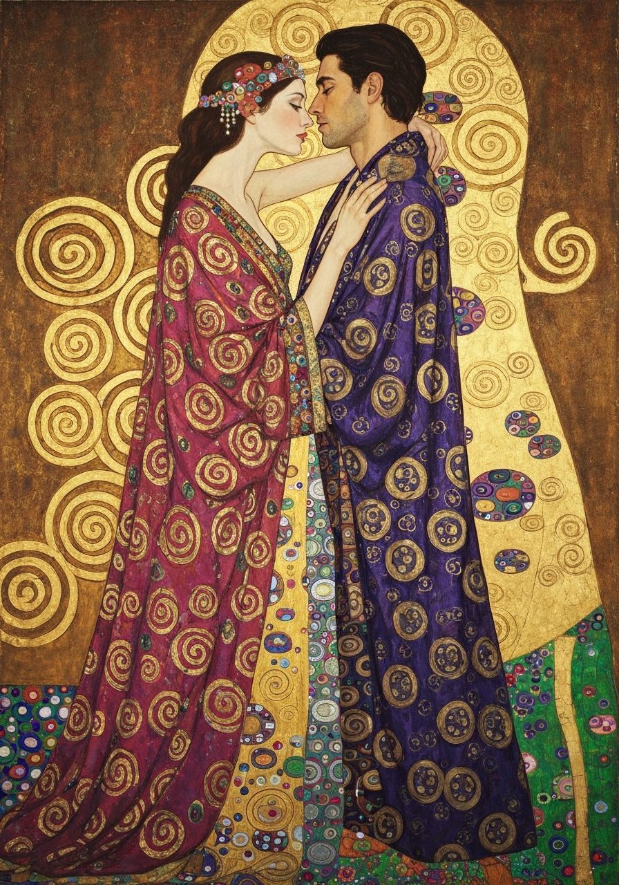 Passionate Embrace with Gold Leaf in Klimt Style