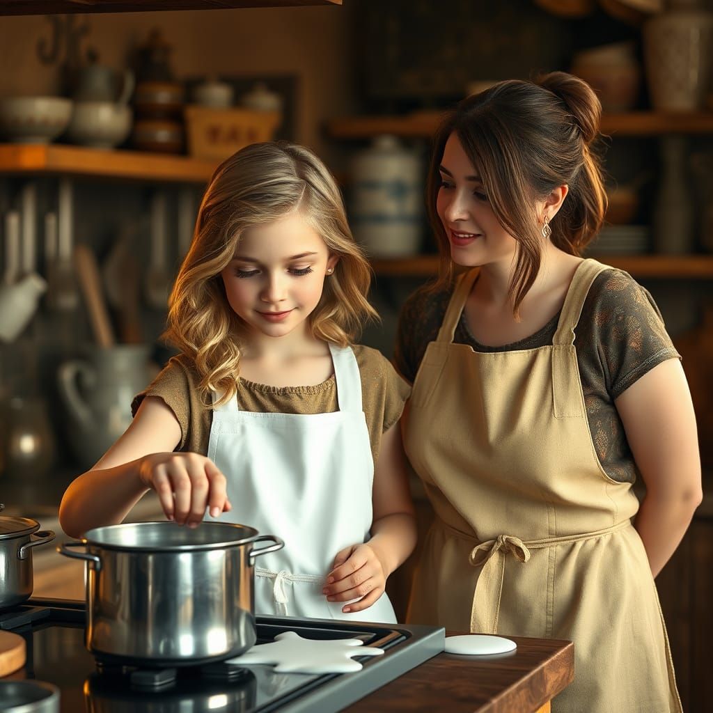 Cozy Kitchen Scene with Mother and Daughter