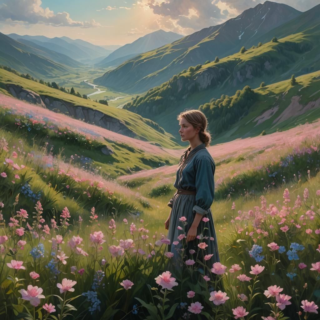 Cinematic Mountain Meadow with Colorful Flowers