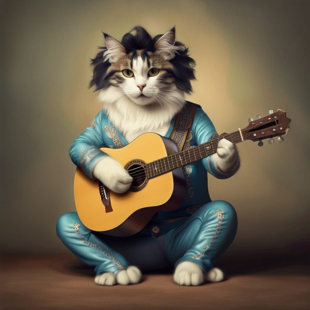 Anthropomorphic Cat as Elvis Playing Guitar