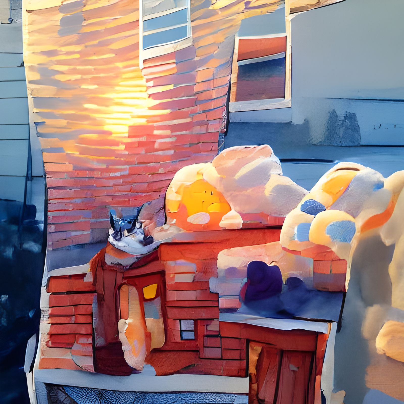 Cat Plushie at Sunrise: Gouache Style Painting