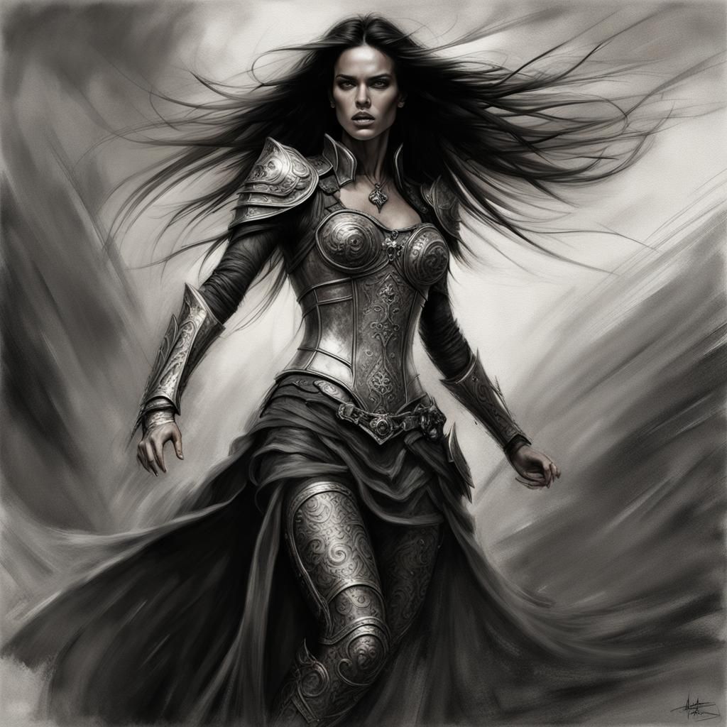 Warrior Princess Screaming: Charcoal Sketch in D&D Style
