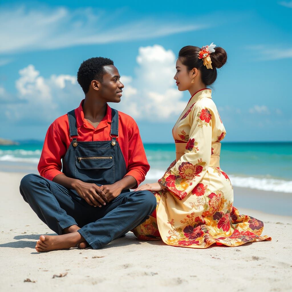 Teenage Engine Driver and Princess Kissing on Beach