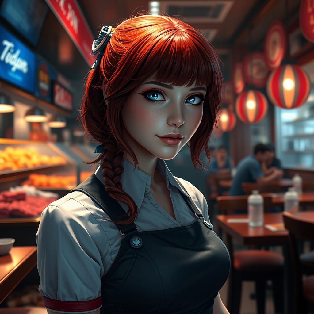 Seafood Waitress with Red Hair, Detailed Matte Painting