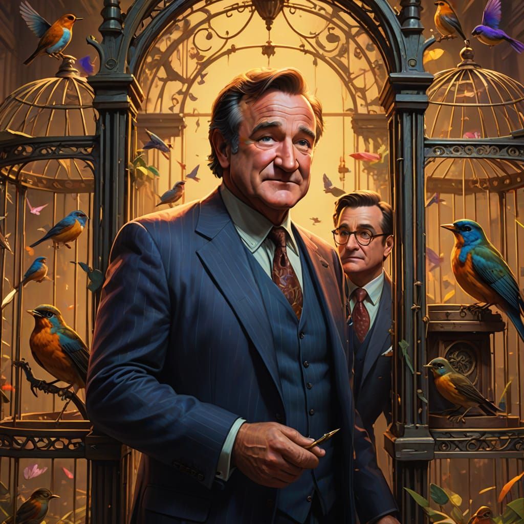 Robin Williams & Nathan Lane in Whimsical Birdcage Art