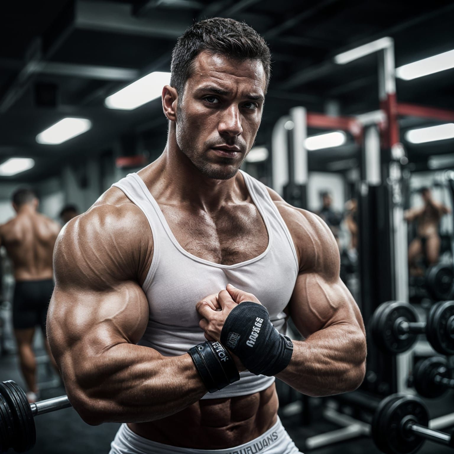 Muscular Bodybuilder Flexing in Gay Gym Setting, Shot in Amb...