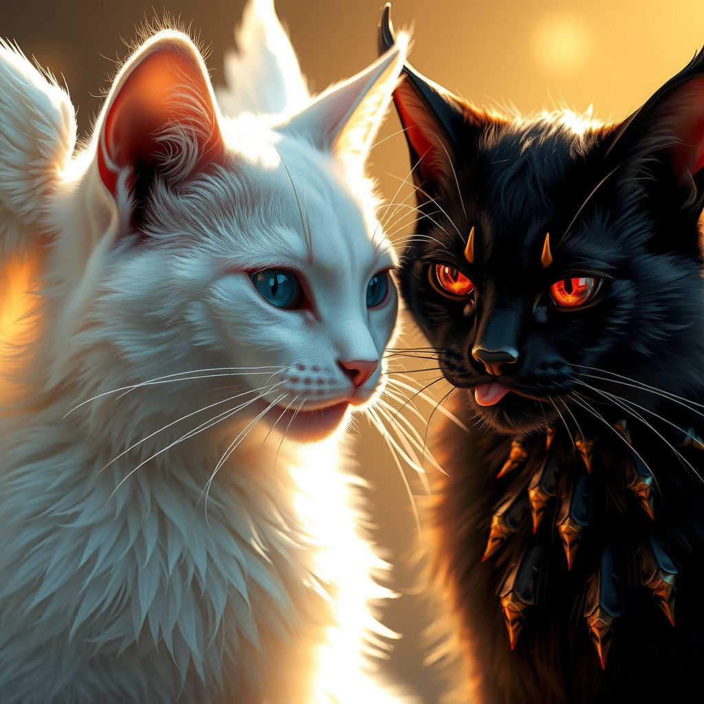 Angel and Demon Cats Grooming in Harmony