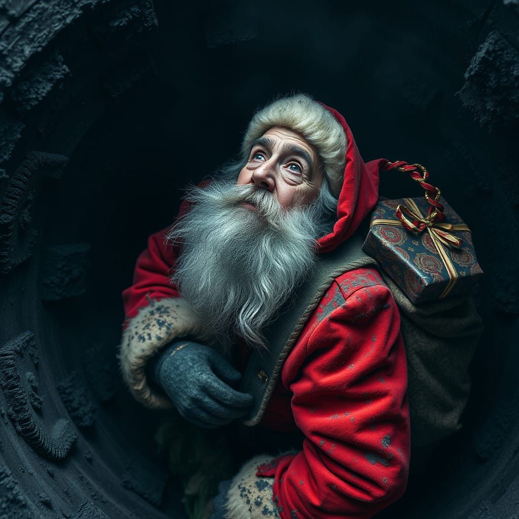 Soot-Covered Santa Claus Struggles in Grimy Chimney
