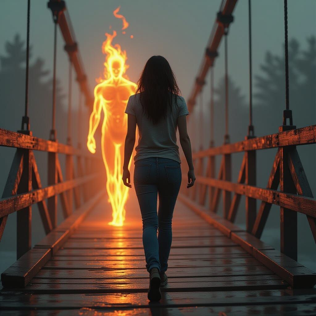 Woman and Fire Figure on Rickety Bridge