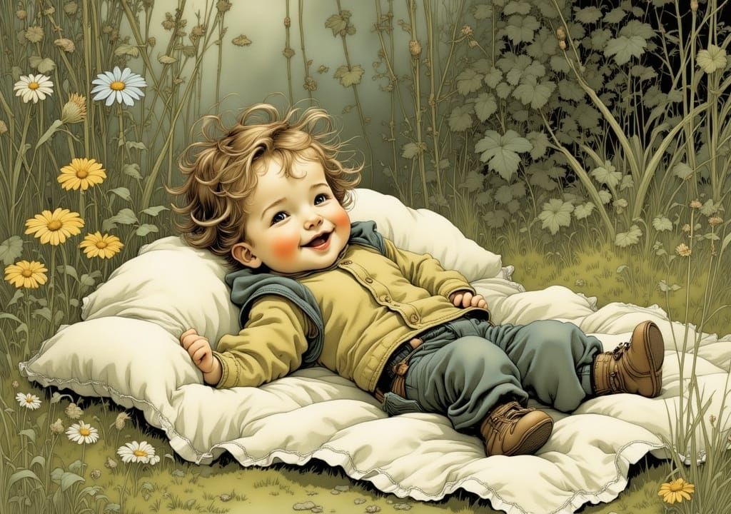 Delightful Baby in Garden, Expressive Illustration