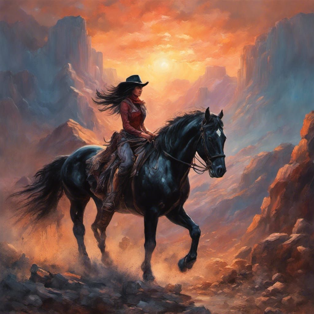 Cowgirl on Horseback: Oil Painting in Desert Landscape