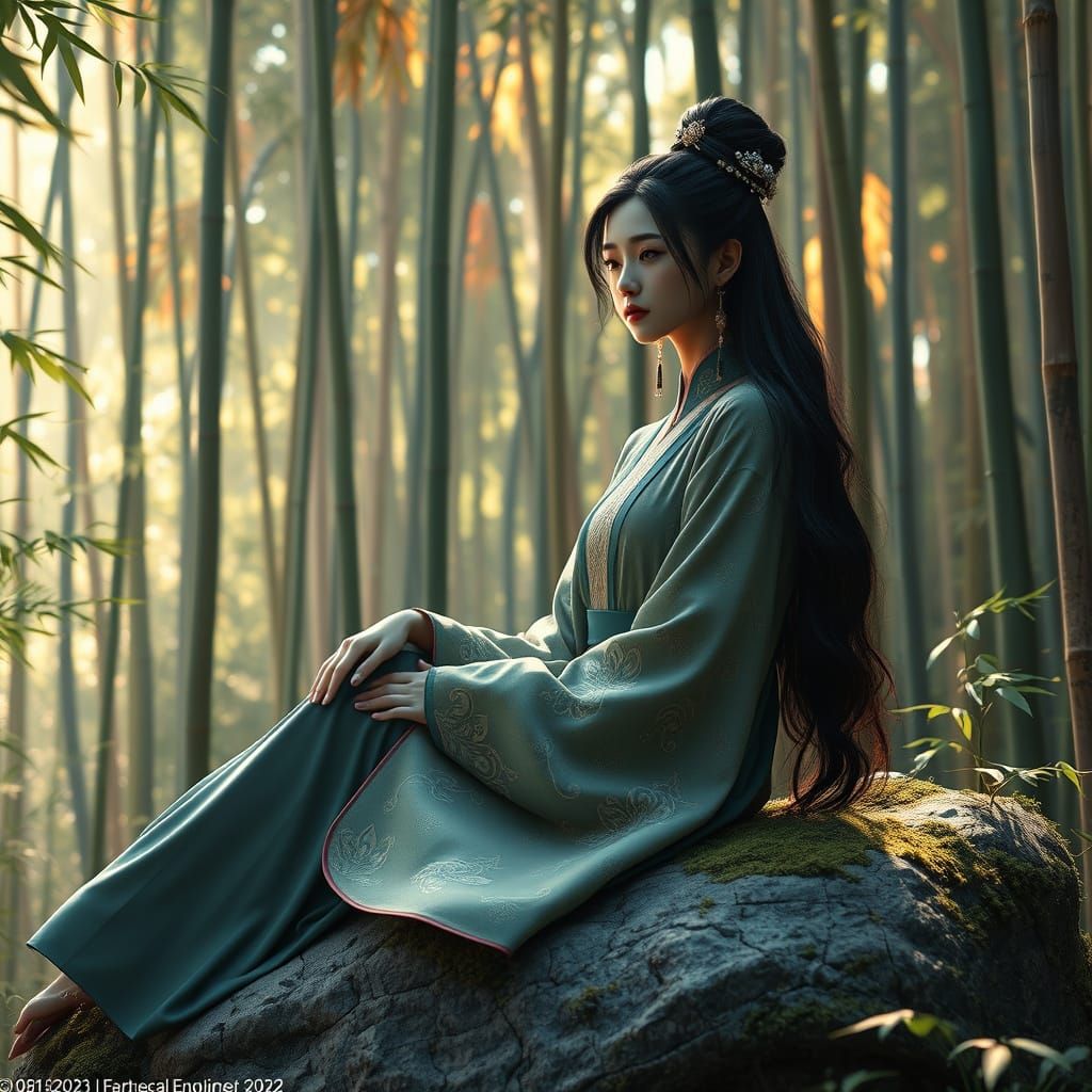 Ethereal Korean Woman Surrounded by Vibrant Bamboo in Dreaml...