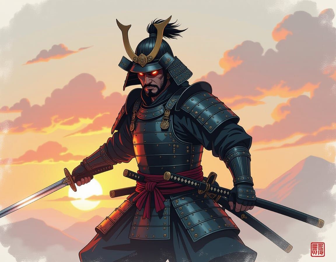 Hyperrealistic Samurai Drawing Sword at Dusk