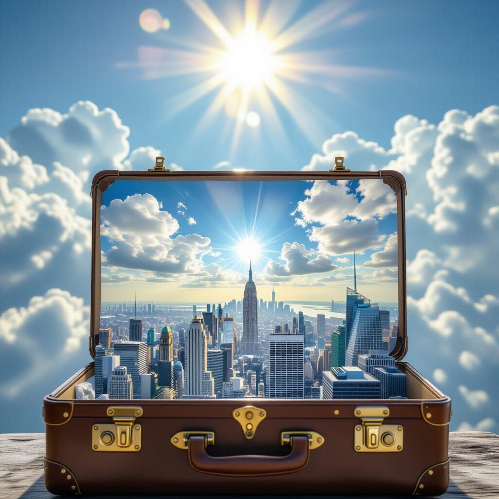 Vibrant City Inside Open Suitcase in Dreamlike Sunshine