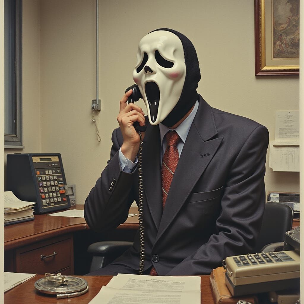 Ghostface as 80s Office Worker in Norman Rockwell Style