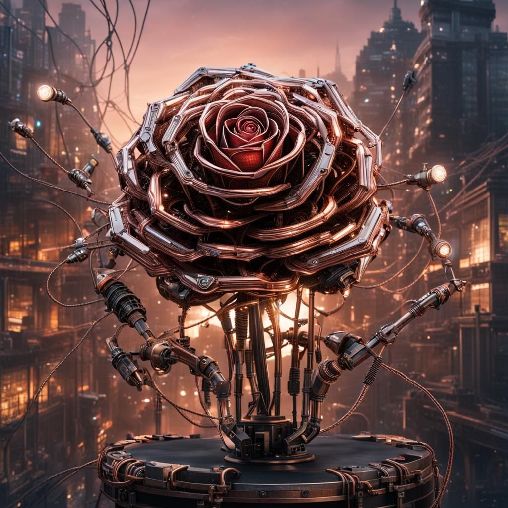 Cyborg Steampunk Rose in Cyberpunk Cityscape