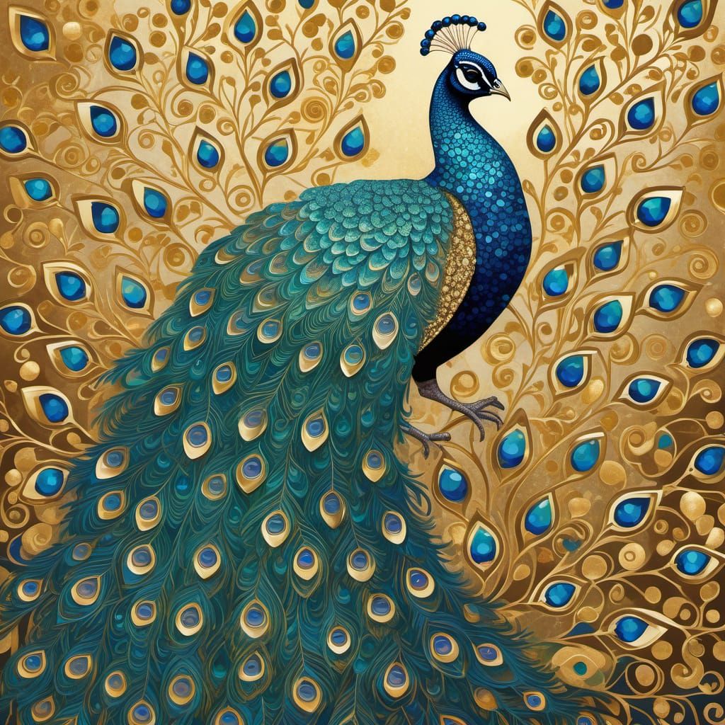 Klimt-Inspired Peacock with Gemstones and Golden Foliage