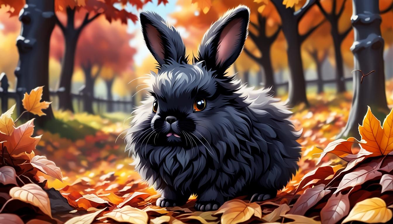 Chibi Angora Rabbit Hopping Through Autumn Leaves