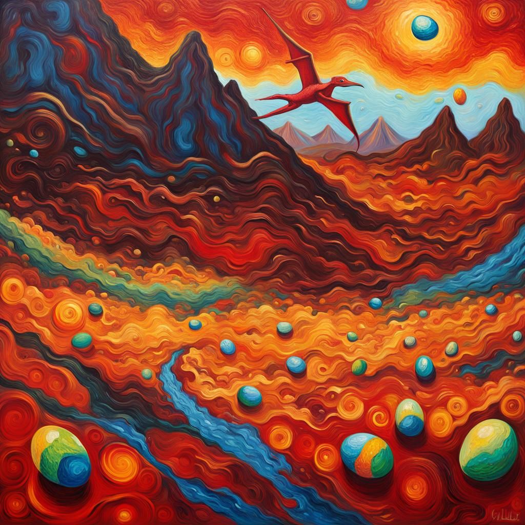 Pterosaur Soaring Over Volcanic Landscape as Impasto Paintin...