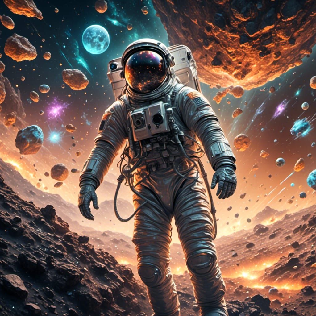 Spaceman navigating an asteroid field <lora:Astral Glow Expr...