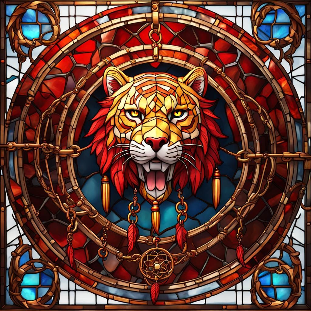 Golden Tiger Dream Catcher in Stained Glass