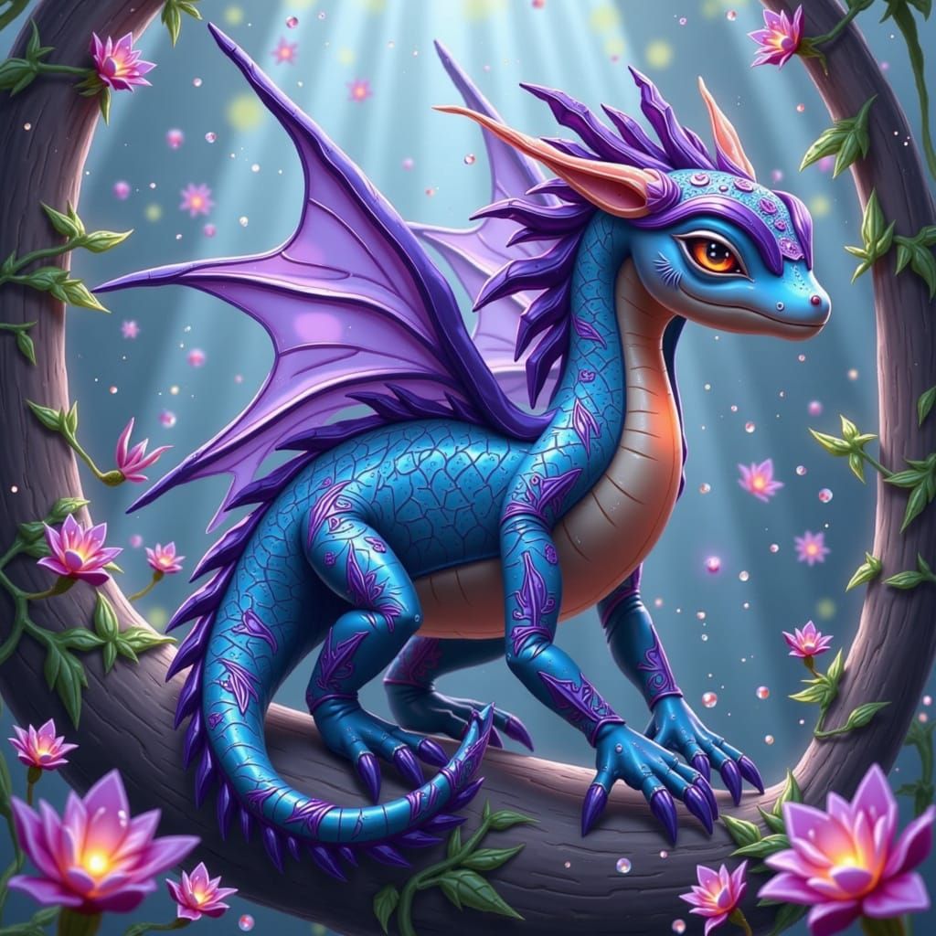 Electric Blue Dragon with Mangosteen Body in Whimsical Fanta...