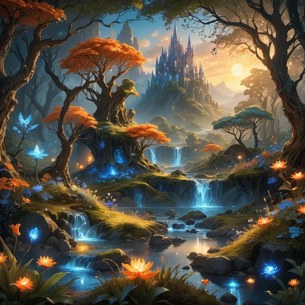 Aeloria: Dreamlike Landscape with Glowing Flora