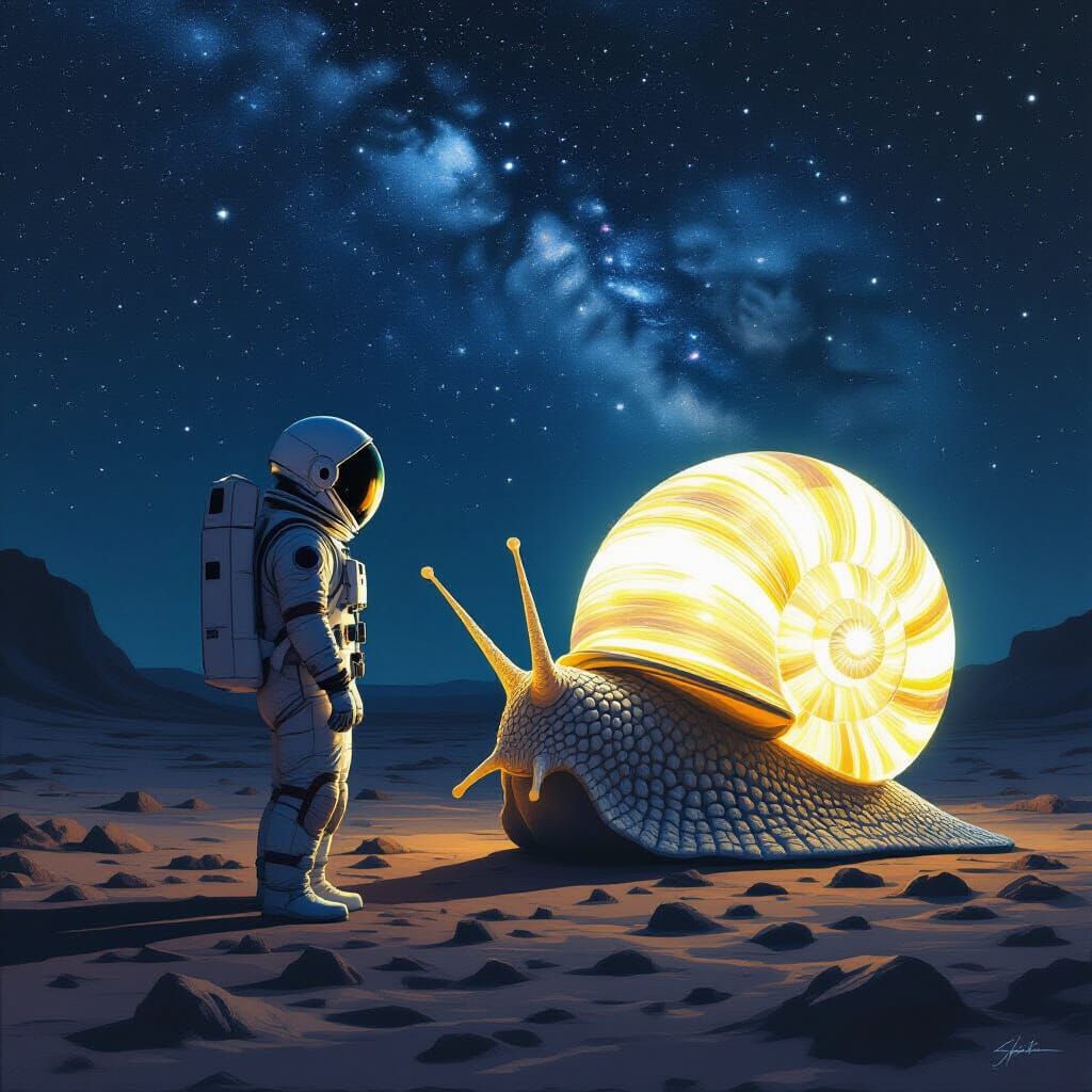 Astronaut's Quiet Moment with Bioluminescent Snail on Alien ...
