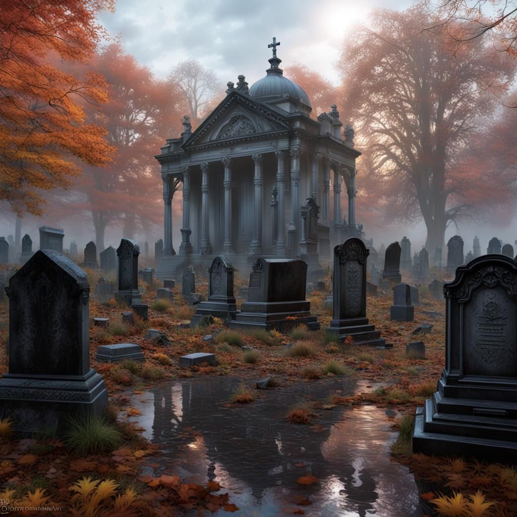 Haunted Victorian Graveyard in Autumn Sunset