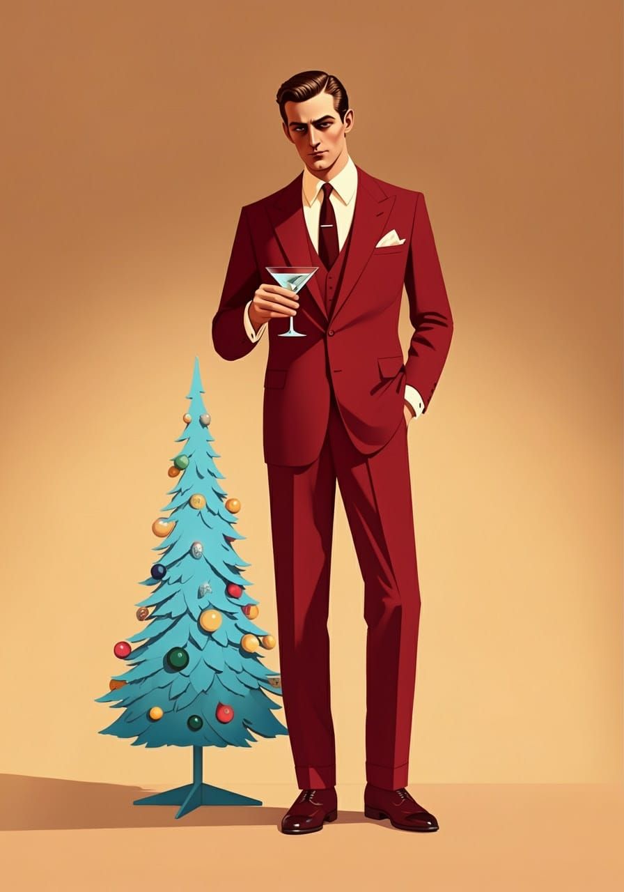 Elegant Man Stands Beside Classic Christmas Tree in Mid-Cent...