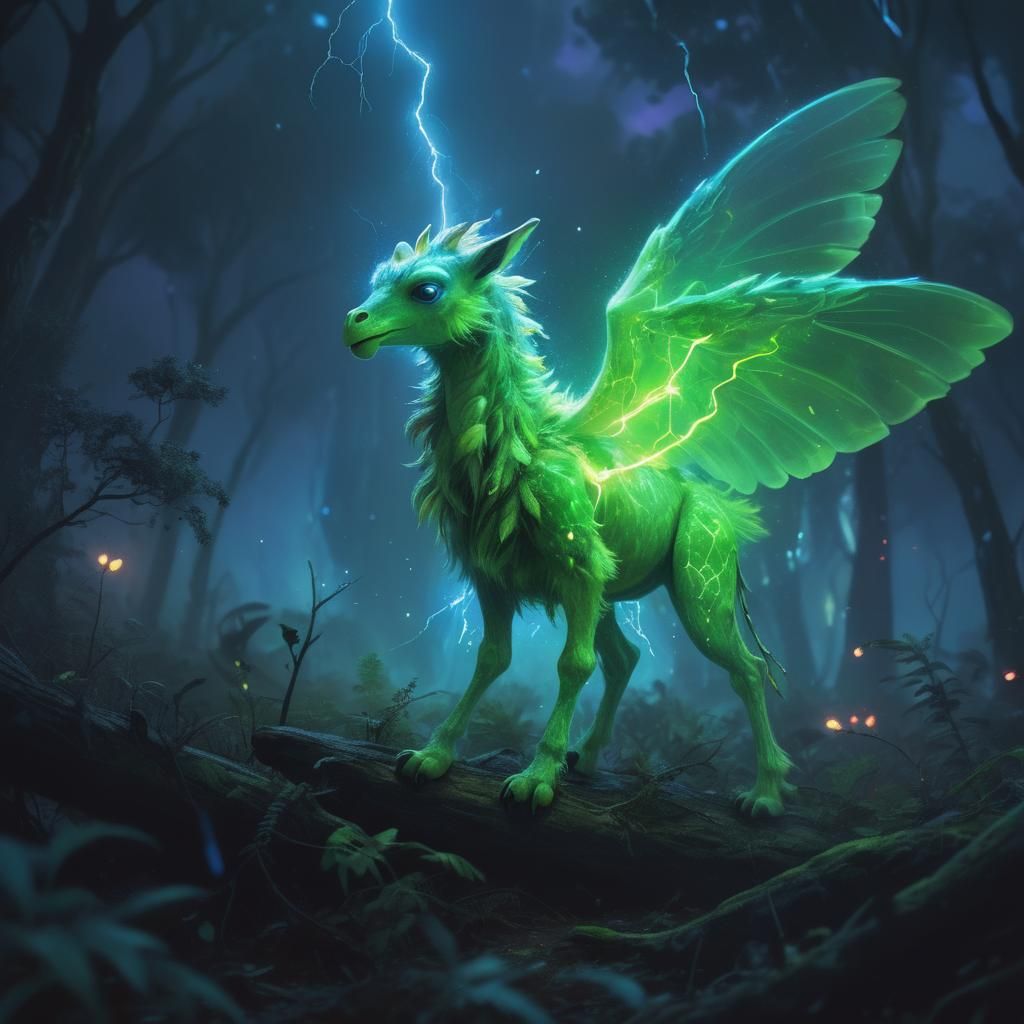 Bioluminescent Gryphon-Giraffe Bug in Alien Forest