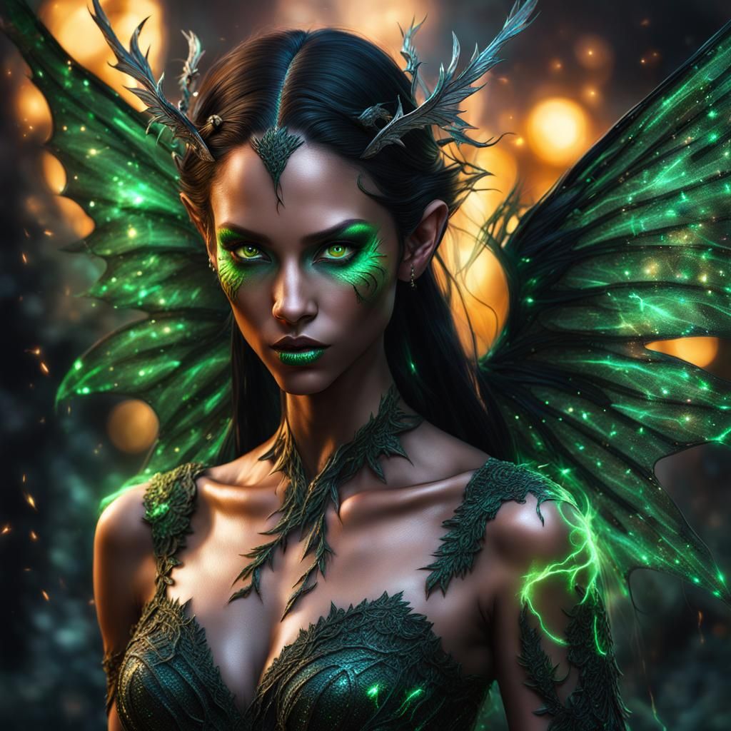 Demonic Fairy with Green Fire, Hyperrealistic