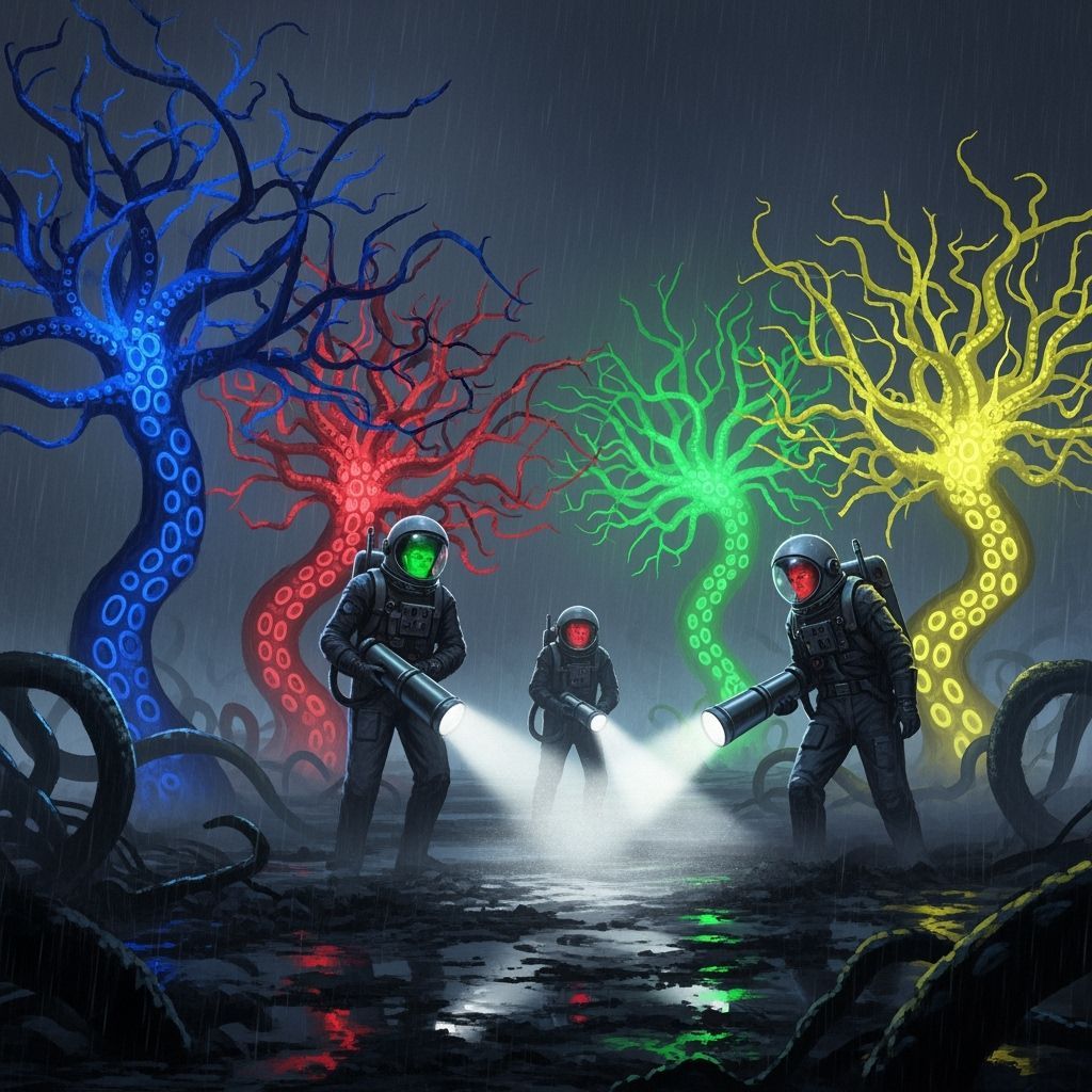 1950s Sci-Fi Crew Explores Eerie Alien Landscape