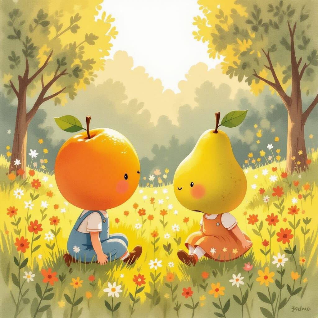 Whimsical Children with Fruit Faces in Meadow