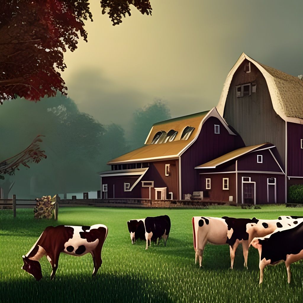 A beautiful Farmhouse in the middle of the farm with farmer , cows and horses