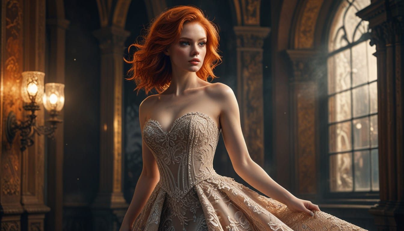 Redhead Woman in Lace Gown Under Spotlight