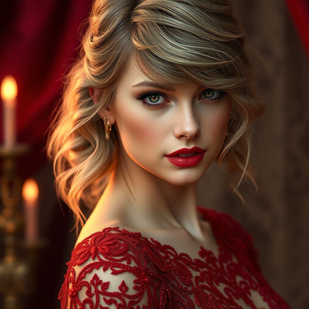 Elegant Red Evening Gown Portrait in Fantasy Style
