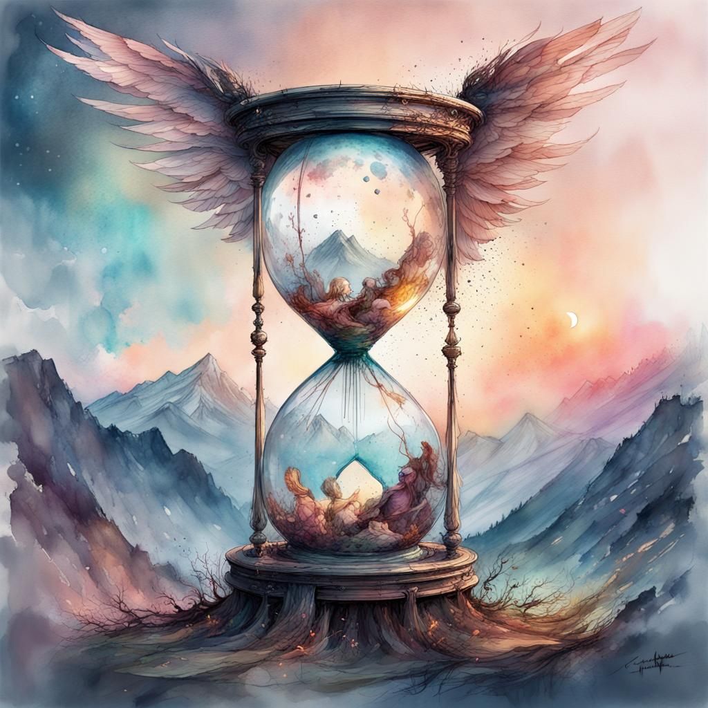 Winged Hourglass in Fantasy Sunset, Watercolor Art