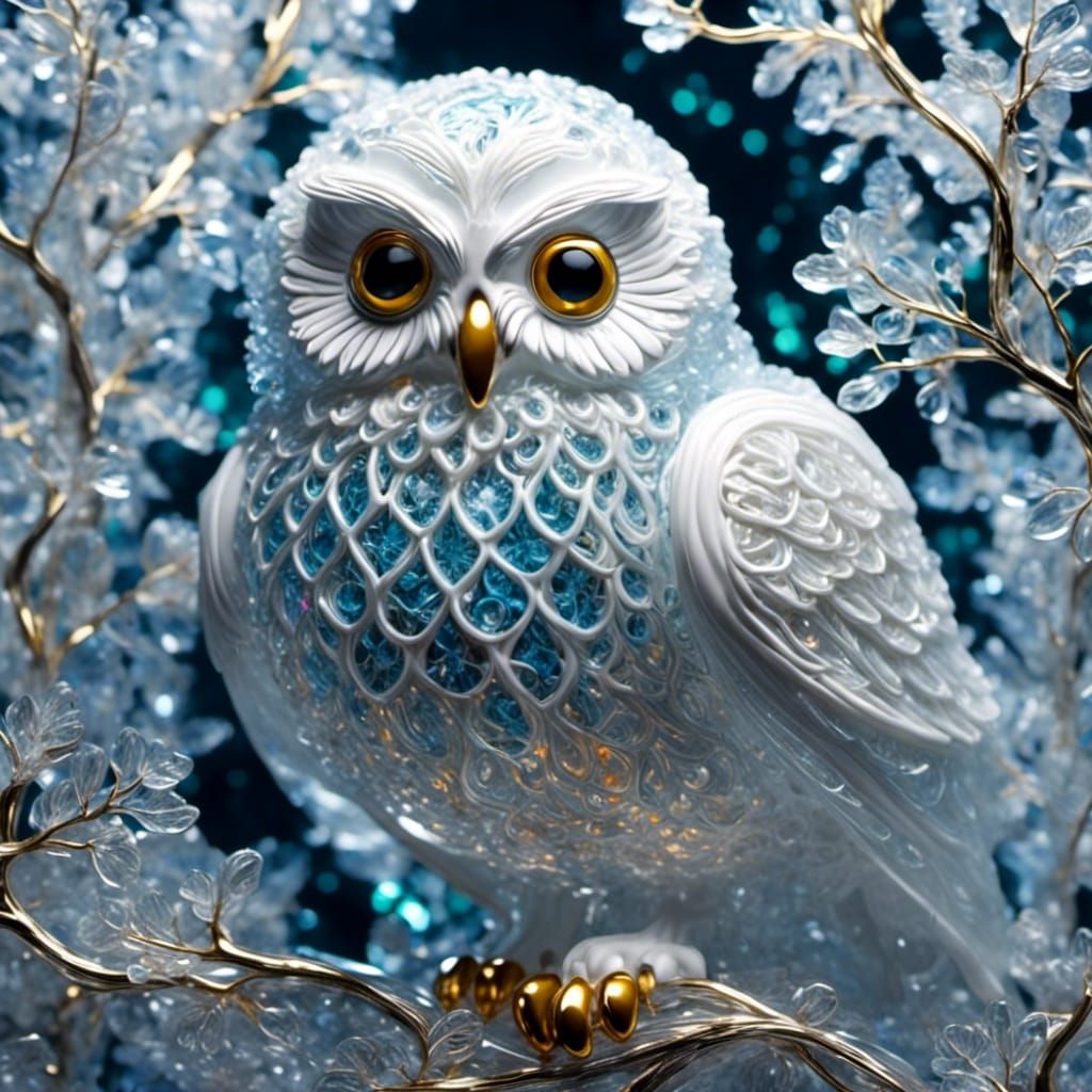 Lace Glass Snowy Owl in Magical Fantasy Style