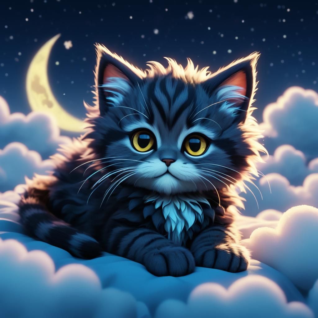 Adorable Chibi Kitten Sleeping on Cloud, Digital Art